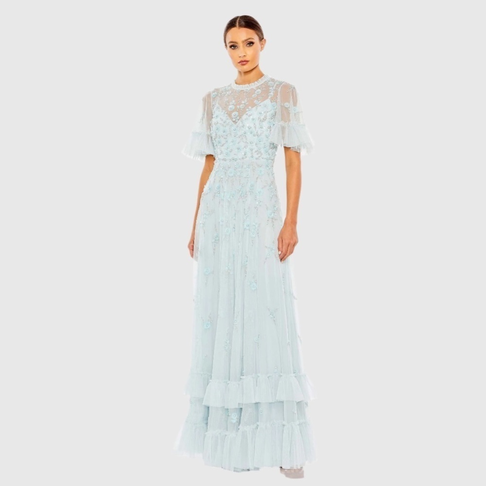 Mac Duggal 9199 NWT Blue Ruffled Floral Embellished Flutter Sleeve A-Line Gown